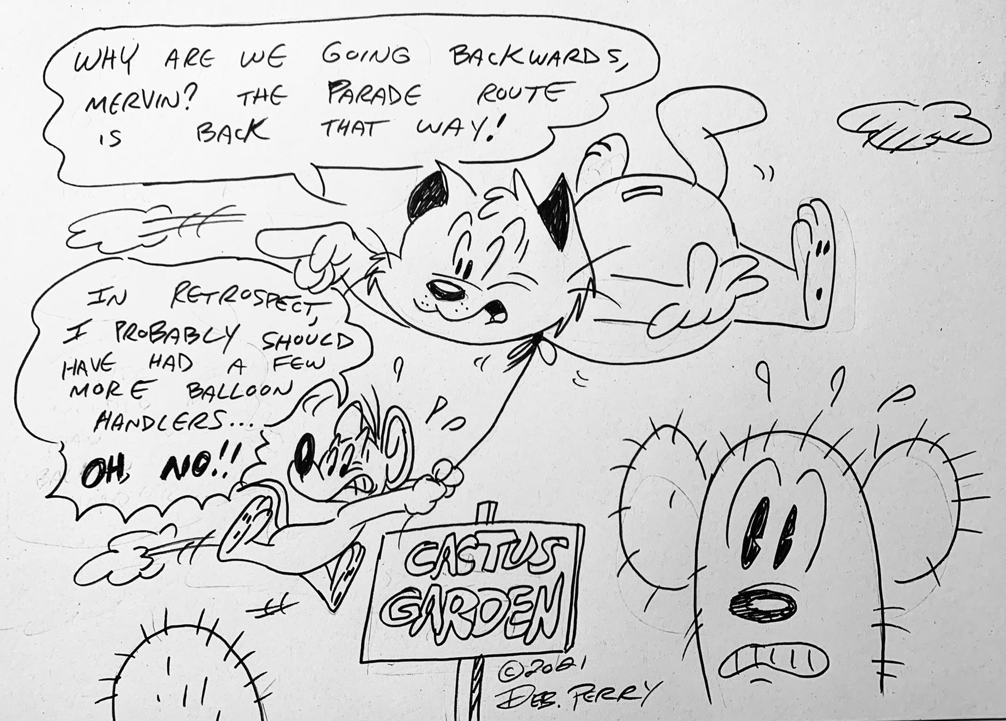 A drawing from earlier today.  It was a part of Twitters #CRAZIESDayParade, where comic artists would draw their characters as parade balloons.  Fluffy and Mervin have decided that next year, theyll just watch the Thanksgiving Day parade on TV instead, as being a balloon handler and a balloon are too dangerous.
