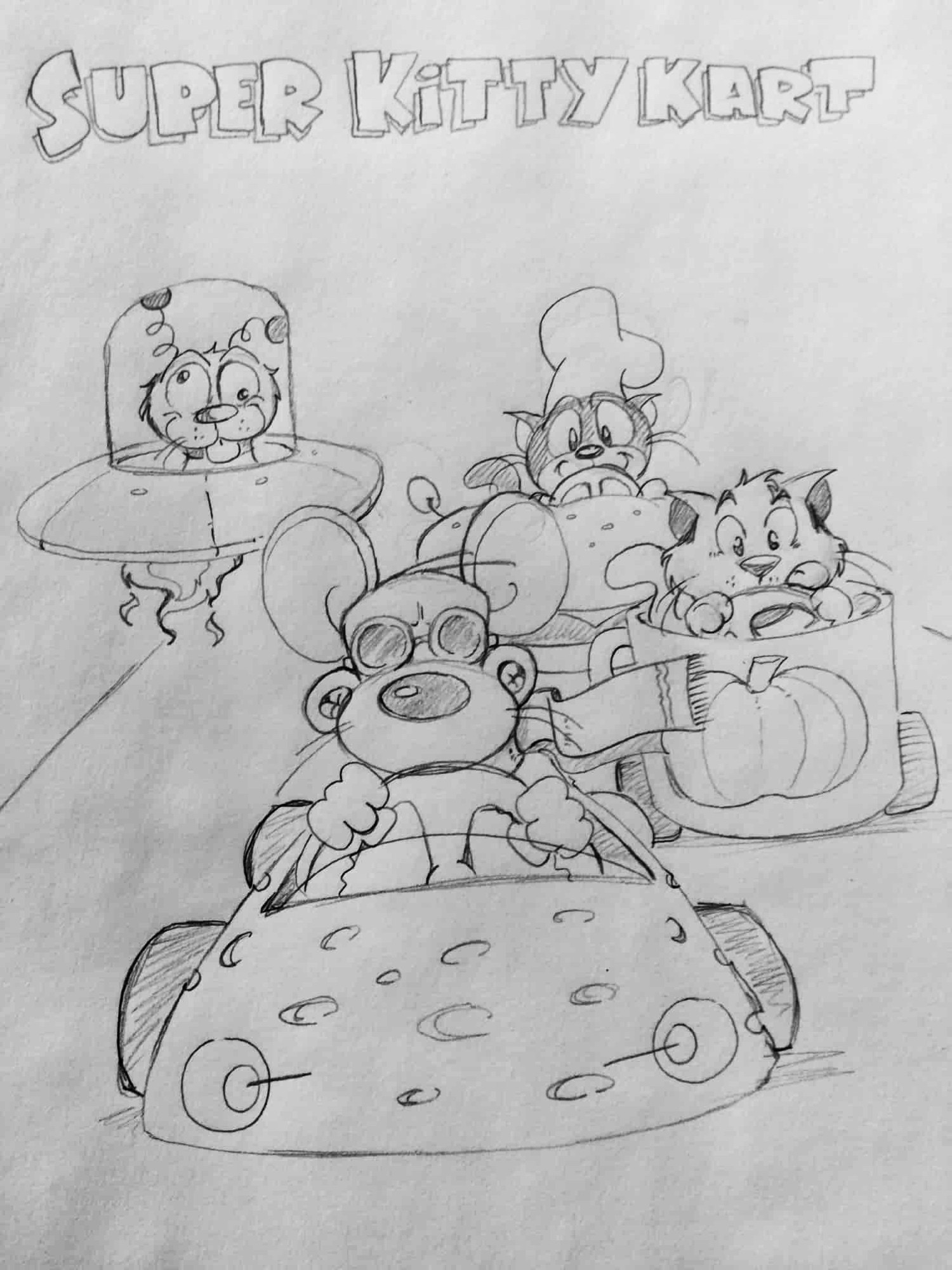 Hey, gamers!  Rev up your engines for Super Kitty Kart!  Race around the track on the Squinkmobile or the Pumpkin Spice Special!  Try to keep up with Mervin’s Big Cheese, or zoom around in the Woobly Saucer!
