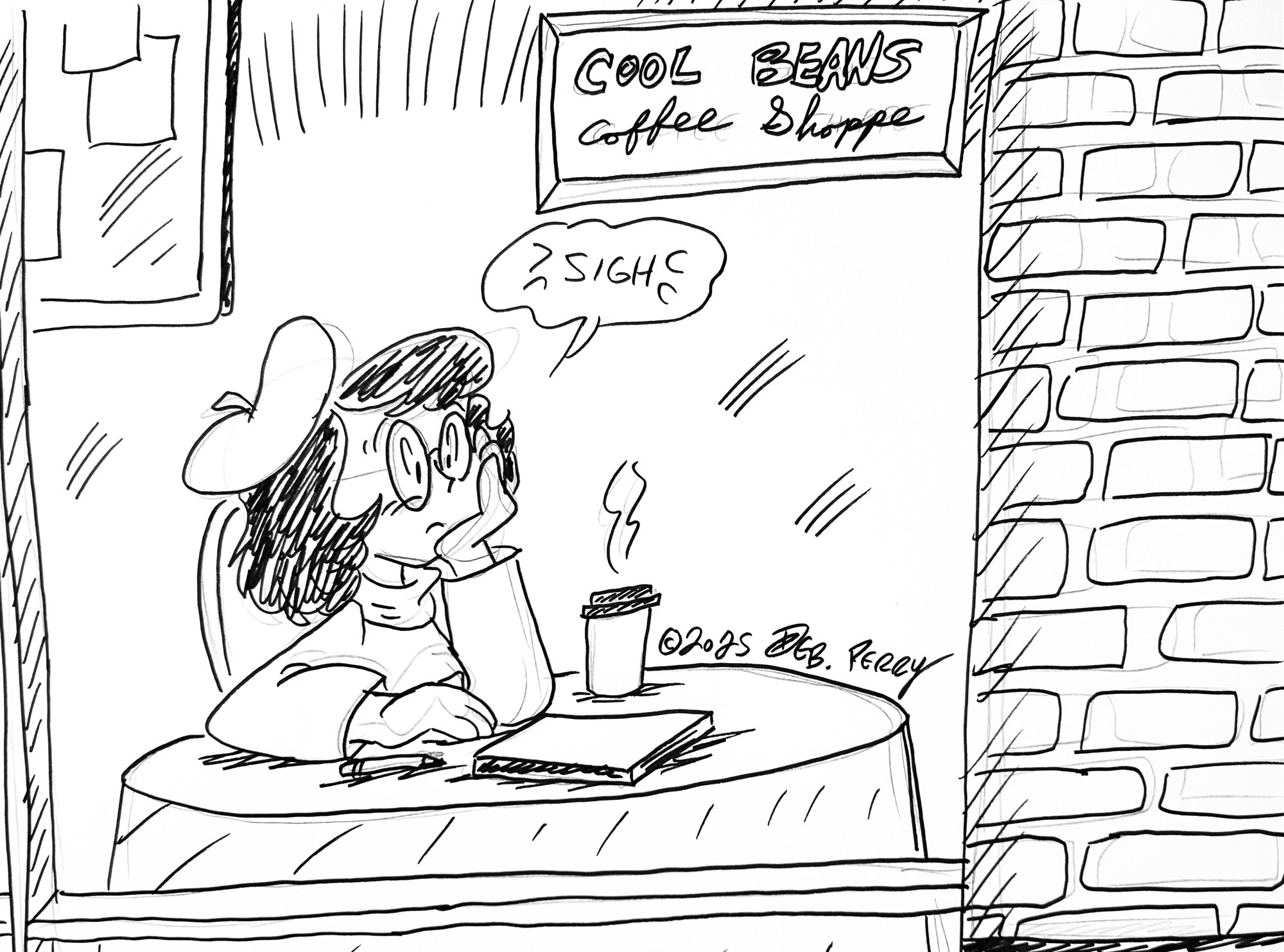 Watching the rain through the coffee shop window. (Not pictured: the rain).
