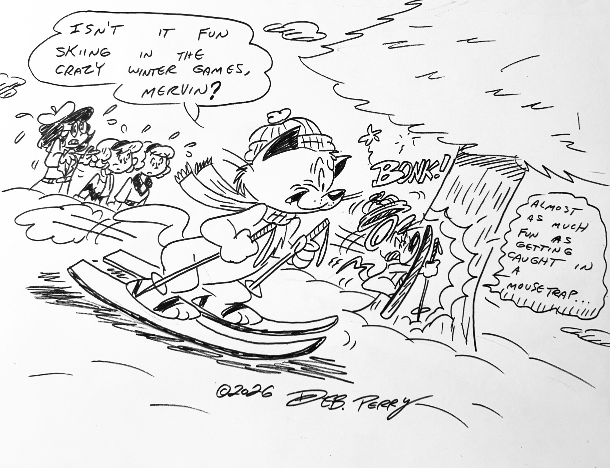 Fluffy and Mervin have been invited to participate in the CRAZY Winter Games on Bluesky.com.  Maybe Mervin should have practiced a little bit more…
